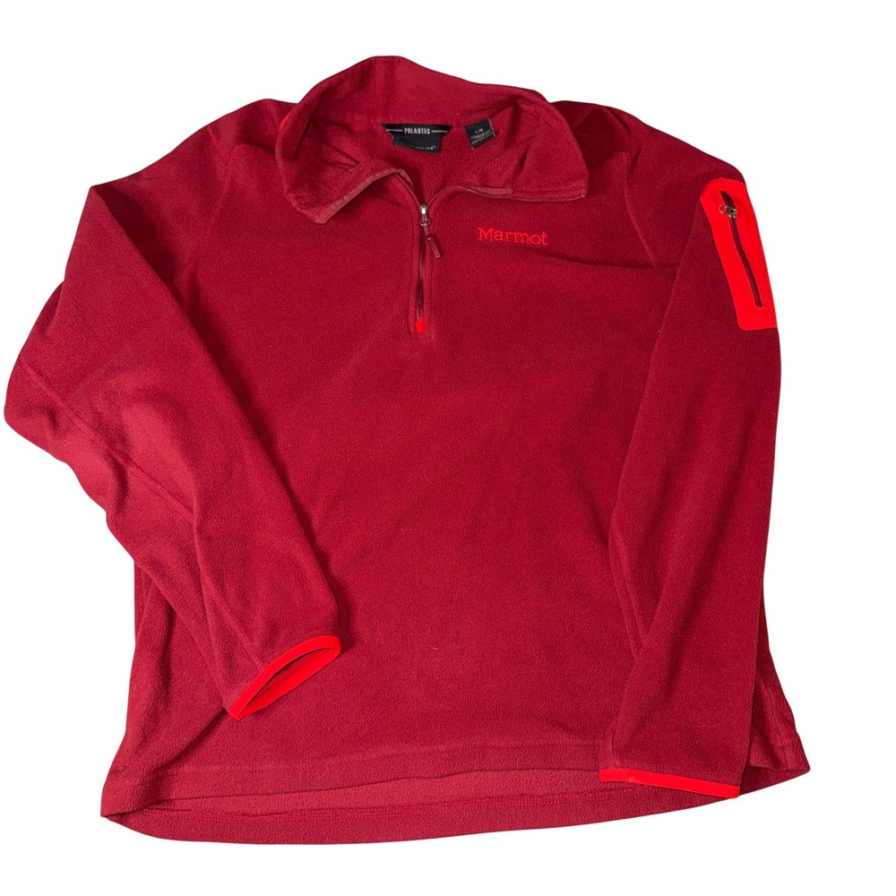 Marmot Polartec Fleece Pullover Large Red Quarter Zip Sleeve‎ Pocket